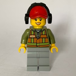 Train Worker, Woman, Orange Safety Vest with Train Logo over Olive Green Hoodie, Light Bluish Gray Legs, Red Cap with Ear Defenders