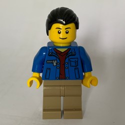 Man, Blue Jacket over Dark Red Shirt, Dark Tan Legs, Black Legs