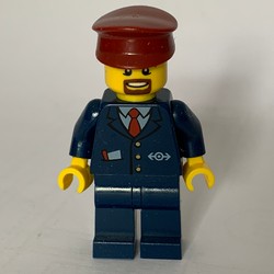 Train Conductor, Dark Blue Suit with Tie and Train Logo, Dark Red Hat, Goatee Beard