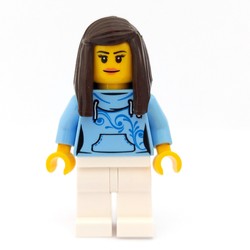 Woman, Bright Light Blue Hoodie, White Legs, Dark Brown Hair