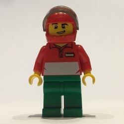Pizza Delivery Man, Red and White Polo Shirt, Green Legs, Red Helmet with Visor