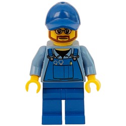 Man, Blue Overalls over Shirt, Blue Legs, Blue Cap, Beard and Glasses