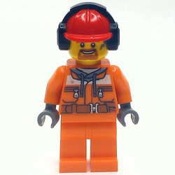 Construction Worker, Safety Jacket over Hoodie with Belt, Orange Legs, Red Hard Hat with Ear Defenders, Goatee Beard