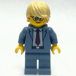 Man, Sand Blue Suit with Red Tie, Tan Hair, Glasses