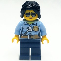 Policewoman, Bright Light Blue Shirt with Radio and Badge, Dark Blue Legs, Black Hair, Sunglasses