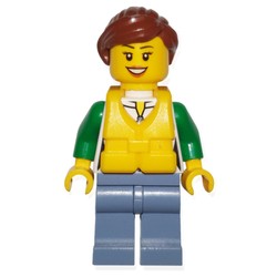 Woman, Green and White Jacket with Zipper, Sand Blue Legs, Reddish Brown Hair, Yellow Life Vest