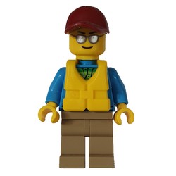 Man, Open Dark Azure Hoodie over Lime Shirt, Dark Tan Legs, Dark Red Cap, Yellow Life Vest, Silver Sunglasses