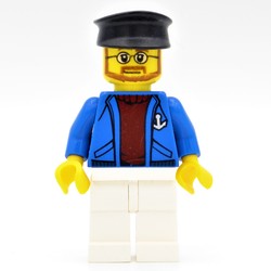 Sailor, Open Blue Jacket with Anchor over Dark Red Sweater, White Legs, Black Hat, Beard and Glasses