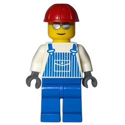 Man, Blue and White Striped Overalls, Red Hard Hat, Silver Sunglasses