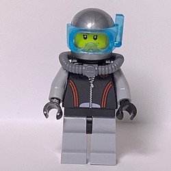 Diver, Black and Gray Wetsuit, Helmet with Mask, Airtank, Stubble