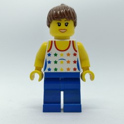 Woman, White Vest with Stars, Blue Legs, Reddish Brown Hair
