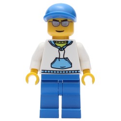 Man, White and Blue Hoodie, Blue Legs, Blue Cap, Silver Sunglasses