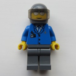 Pilot, Blue Jacket with Plane Logo and Blue Tie, Dark Bluish Gray Helmet with Visor, Silver Sunglasses