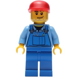 Man, Blue Overalls over Shirt, Blue Legs, Red Cap, Stubble