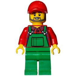 Man, Green Overalls over Red Shirt, Red Cap, Beard