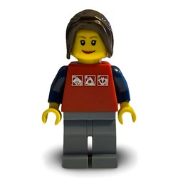 Woman, Red Top with Dark Blue Arms, Sand Blue Legs, Dark Brown Hair