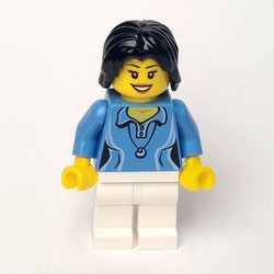 Woman, Medium Blue Polo Shirt with Necklace, White Legs, Black Hair