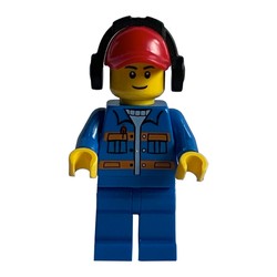 Ground Crew, Blue Jacket with Orange Stripes, Red Cap with Ear Defenders