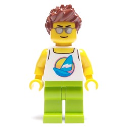 Man, White Tank Top with Windsurfer, Lime Legs, Reddish Brown Hair, Silver Sunglasses