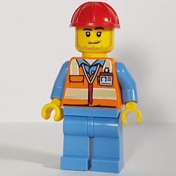 Ground Crew, Orange Safety Vest, Medium Blue Legs, Red Hard Hat, Stubble