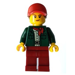 Woman, Open Dark Green Jacket with Red Neckerchief, Dark Red Legs, Red Cap with Hair