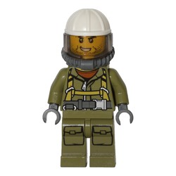 Volcano Explorer, Man, Olive Green Jumpsuit with Straps, White Hard Hat with Visor, Breathing Apparatus, Airtanks, Stubble
