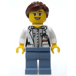 Volcano Explorer Scientist, Woman, Open White Lab Coat, Sand Blue Legs, Reddish Brown Hair, Glasses