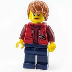 Marine Explorer, Woman, Open Red Jacket over Dark Red Sweater, Dark Orange Hair