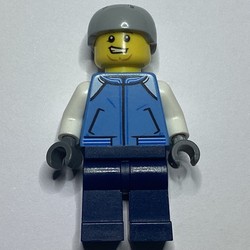 Man, Bright Light Blue Letterman Jacket, Dark Blue Legs, Light Bluish Gray Helmet