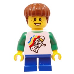 Boy, Floating Classic Spaceman on Shirt, Short Blue Legs, Reddish Brown Hair