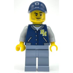 Man, Dark Blue Letterman Shirt with 'NH', Sand Blue Legs, Dark Blue Cap, Stubble