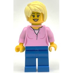 Woman, Bright Pink Top, Blue Legs, Bright Light Yellow Hair