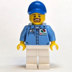 Man, Medium Blue Shirt with Octan Logo, White Legs, Blue Cap, Goatee Beard