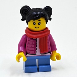 Girl, Open Dark Pink Jacket, Short Medium Blue Legs, Red Scarf, Black Hair