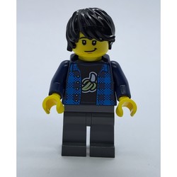 Man, Open Dark Blue Flannel Shirt over Top with Banana, Dark Bluish Gray Legs, Black Hair