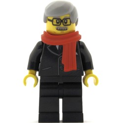 Man, Black Suit with Tie, Red Scarf, Light Bluish Gray Hair, Moustache and Glasses