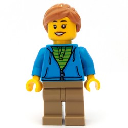 Woman, Open Dark Azure Hoodie over Lime Shirt, Dark Tan Legs, Medium Nougat Hair, Hearing Aid