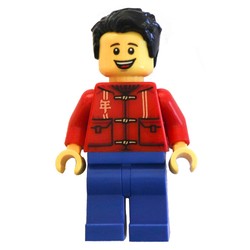 Red Torso, Blue Legs, Black Hair, Tan Bag
