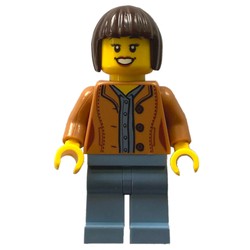 Woman, Medium Nougat Jacket, Sand Blue Legs, Dark Brown Hair