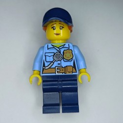 Policewoman, Bright Light Blue Shirt, Dark Blue Legs, Dark Blue Cap with Ponytail
