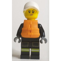 Firewoman, Black Fire Suit, Orange Lifevest, White Cap