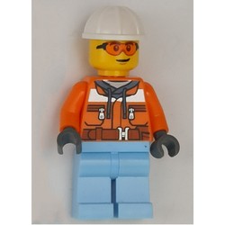 Construction Worker, Orange Safety Jacket, Bright Light Blue Legs, White Hard Hat