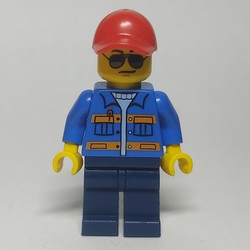 Man, Blue Jacket with Orange Stripes, Dark Blue Legs, Red Cap, Sunglasses