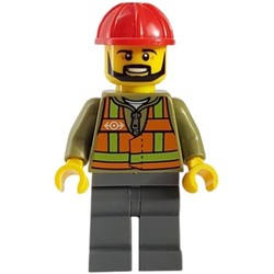 Train Worker, Orange Safety Vest with Train Logo over Olive Green Hoodie, Dark Bluish Gray Legs, Red Hard Hat, Black Beard