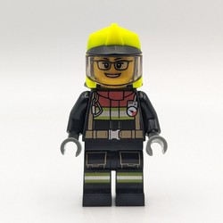 Firefighter, Black Suit, Vibrant Green Helmet with Visor, Glasses