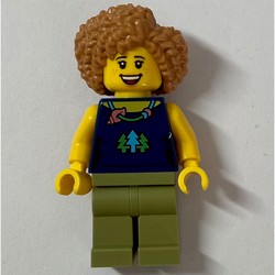 Woman, Dark Blue Top, Olive Green Legs, Medium Nougat Hair