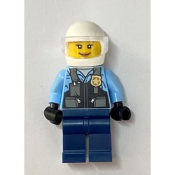 Policewoman, Bright Light Blue Shirt, Dark Blue Legs, White Helmet an Visor