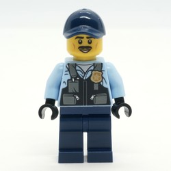 Police Officer, Bright Light Blue Shirt with Police Badge, Dark Blue Legs and Cap, Moustache