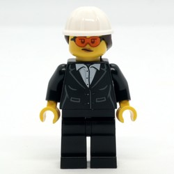 Construction Site Foreman, Black Suit, White Hard Hat with Hair