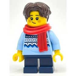 Child, Bright Light Blue Sweater, Short Dark Blue Legs, Red Scarf, Dark Brown Hair